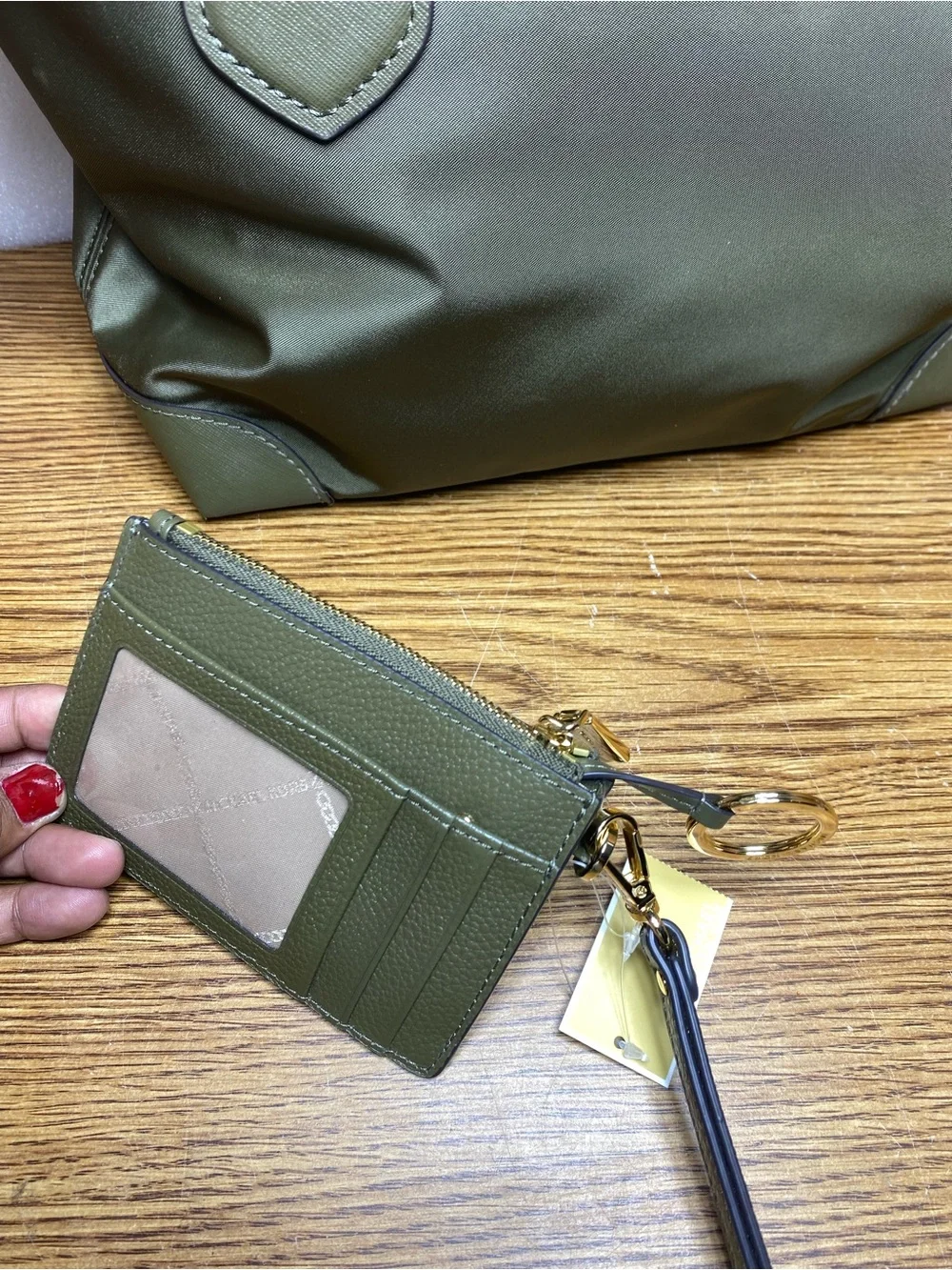 MICHAEL Kors Eva Small Zip Top Nylon Green Tote Shoulder Bag With Wallet Bundle